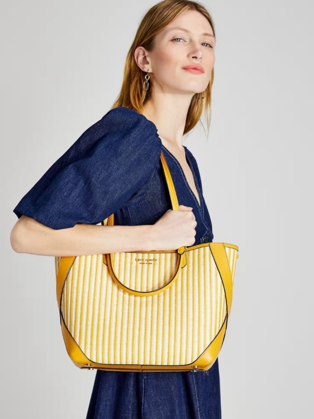 Kate spade Buddie Striped Straw Small Tote yellow and white new with tag
